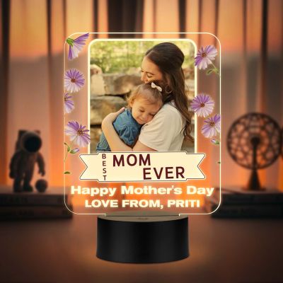 Personalized Mother’s Day LED Night Light Photo Frame | Best Mom Ever Quote Engraved Lamp Unique Birthday or Mothers Day Gift for Mom from Daughter or Son | Warm White Light